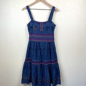 Viola Blue Boho Dress Bohemian Embroidered Tiered Hippie Knee Length